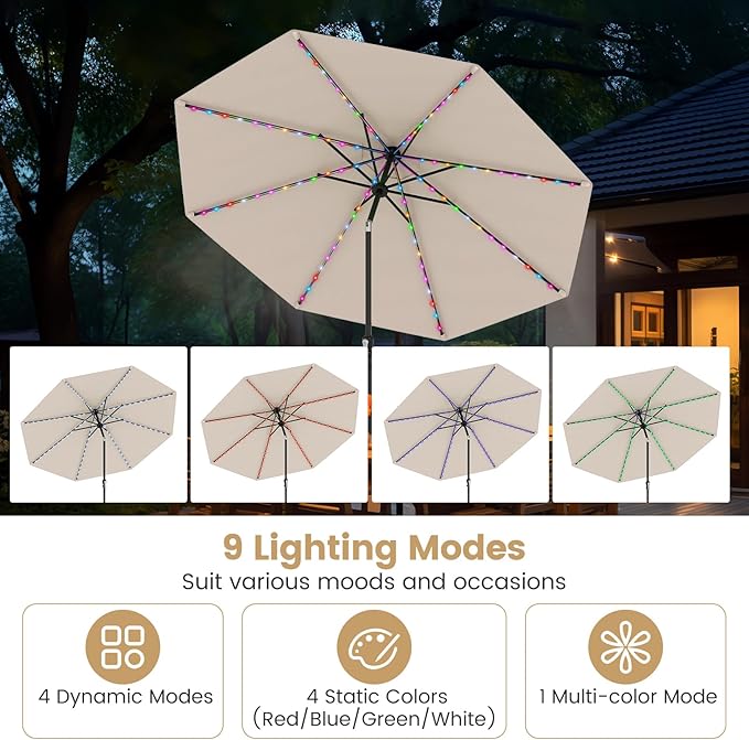 Tangkula 10 FT Solar Patio Umbrella, Outdoor Market Table Umbrella with 96 Multi-Colored Flowing LED Lights, 9 Modes, Tilt Adjustment, Crank Handle, 8 Ribs, Vented Top for Backyard Poolside Deck Lawn