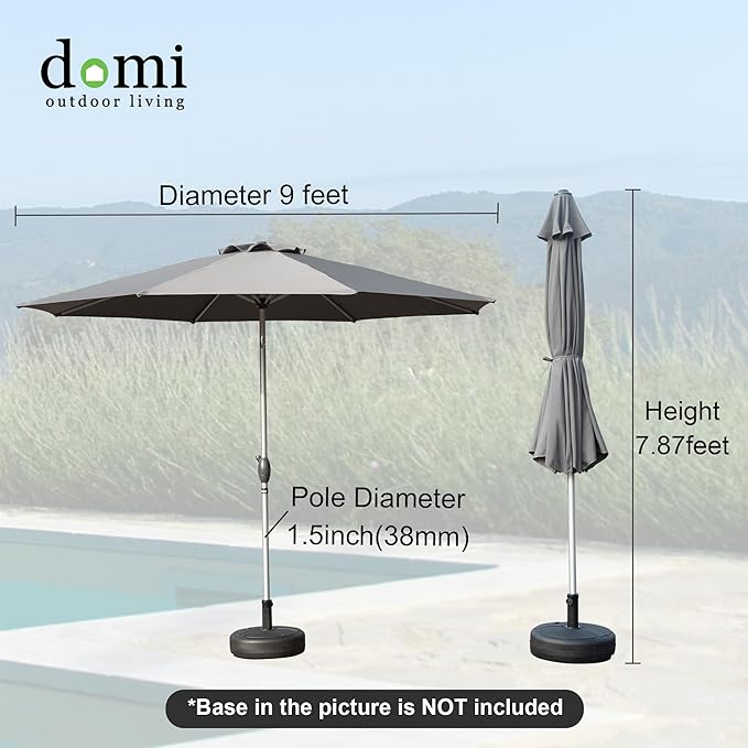 Domi 9FT Patio Umbrella Outdoor Market Umbrella with Silver Aluminum Pole, UV Resistant Canopy, Wind Vent, Tilt & Crank System, Perfect for Patio, Garden, Deck, Pool, Outdoor Dining, Gray