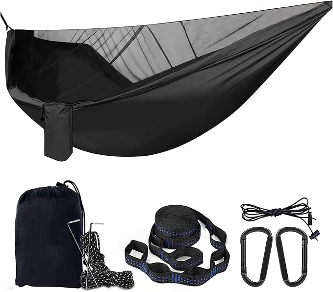 Travel Hammock, Lightweight Camping Hammock with Mosquito Net, Portable Outdoor Hammock 200kg Load Capacity for Camping Hiking Backpacking,Black