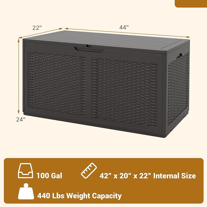 Tangkula 100 Gallon Outdoor Storage Box, Lockable Outdoor Storage Bench with 2 Smooth Wheels, Faux Rattan Surface, Waterproof Resin Deck Box for Outside Poolside Patio Garden (Brown)