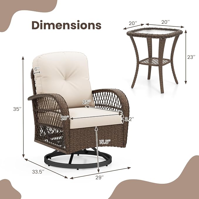 HAPPYGRILL 3 Pieces Patio Furniture Set Outdoor Rattan Swivel Rocker Chairs with Side Table, Outside Sectional Conversation Set with Swivel Rocking Chairs for Deck Porch Garden (White)