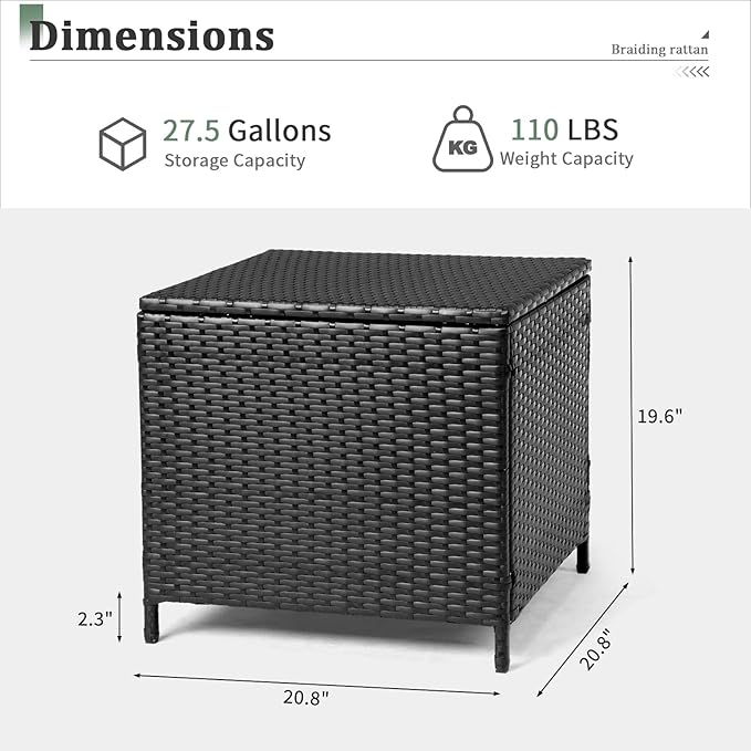 Outdoor Pe Wicker Side Table with Storage, Patio Rattan End Table Square Container for Furniture Covers, Toys & Gardening Tools, All-Weather Black Deck Balcony Porch Table, Deck Box for Pool Area