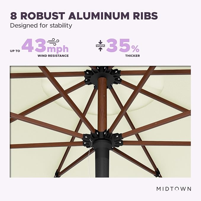 Midtown Umbrellas The Wooden 9 Feet Patio Umbrella With Sunbrella Canvas Natural Acrylic Fabric - Aluminum Frame Market Umbrella For Backyard, Deck, Garden, Pool - Wooden Pole
