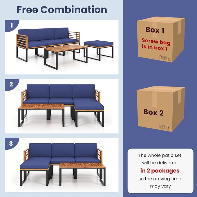 Tangkula 5 Pieces Patio Conversation Set, Acacia Wood Chair Set with Ottoman & Coffee Table, Comfy Seat & Back Cushions, Outdoor Wood Furniture Set for Backyard, Poolside, Garden