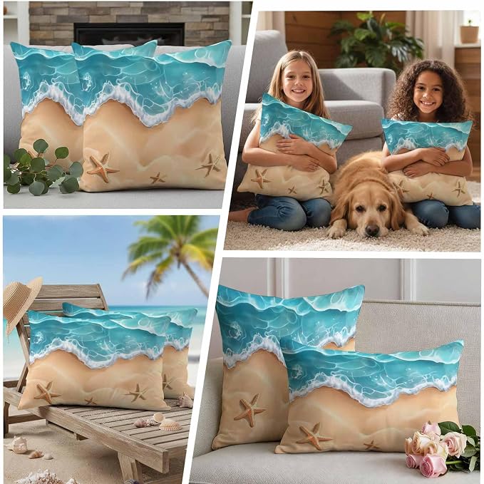 Ocean Beach Waterproof Outdoor Pillow Covers Set of 2 Home Decor, Starfish Sea Waves Coastal Seaside Sand Pillowcase Patio Pillow Covers for Couch Bench Furniture Garden 24x24in