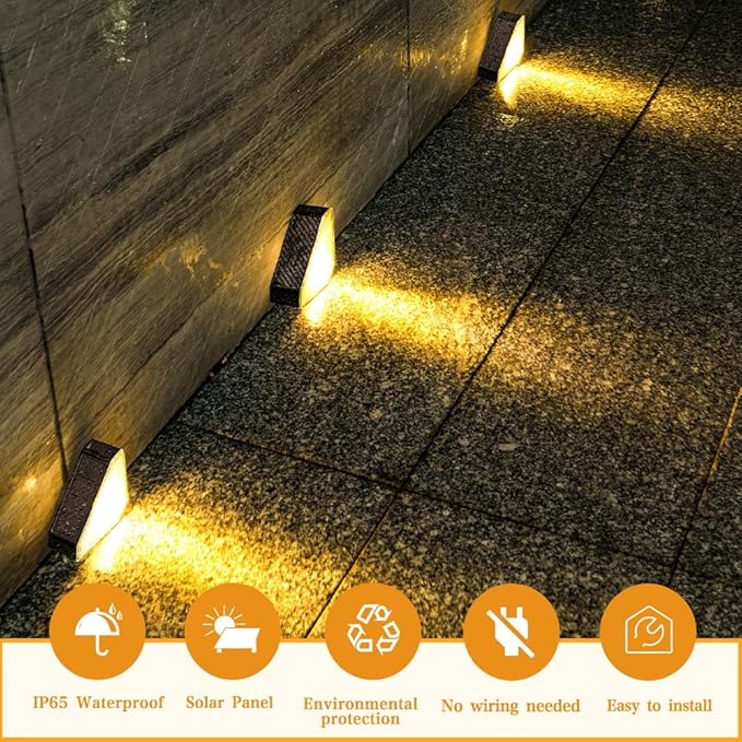 Upgraded Wireless Solar Step Lights. 5X Longer Life Than Ordinary. Strong 3M Adhesive + Screws. IP65 Waterproof for Stairs/Decks/patios. Reliable Performance(Warm White)