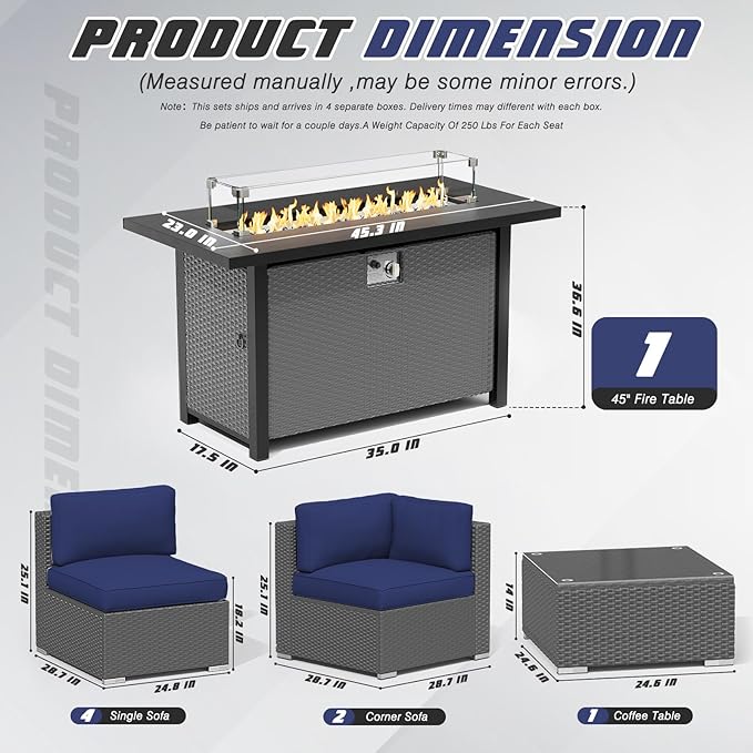 SUNCROWN Outdoor Patio Furniture Set 7 Piece Outdoor Sectional Sofa Grey Wicker Conversation Sofa Set with Coffee Table, Cushions and Fire Pit Table (Dark Blue)