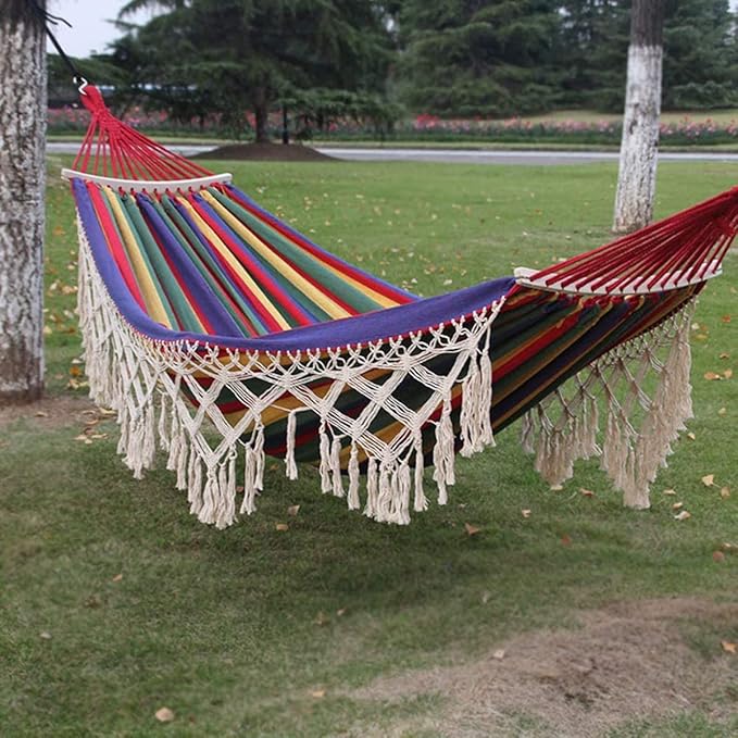 Cotton Canvas Tassel Hammock, Double Boho Hammocks with Macrame Fringe, Portable Camping Indoor Outdoor Garden Hammock Swing with Travel Bag, 150kg Load Capacity Color Stripes