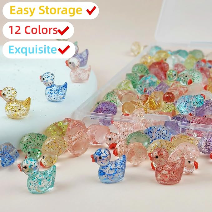 120PCS Mini Glitter Resin Ducks 12 Colors | Tiny Colorful Resin Ducks, Miniature Little Plastic Animal Figures for Micro Landscape Fish Tank Garden Dollhouse DIY Decor