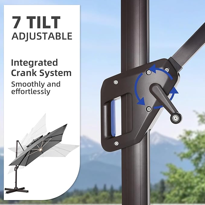 10 X 13 FT Cantilever Patio Umbrella with Led Lights Heavy Duty Windproof Double Top Large Rectangle Offset Umbrellas with 360-degree Rotation for Garden Pool Deck Backyard, Grey