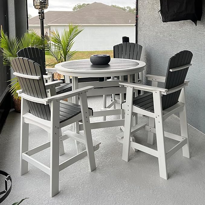 JUSTONE 47 Inch Round Outdoor Bar Table, Water-Resistant HDPE Pub Height Table for Patio, Garden, Poolside, Backyard, Balcony, Fire Pit and Lawn，Grey and White