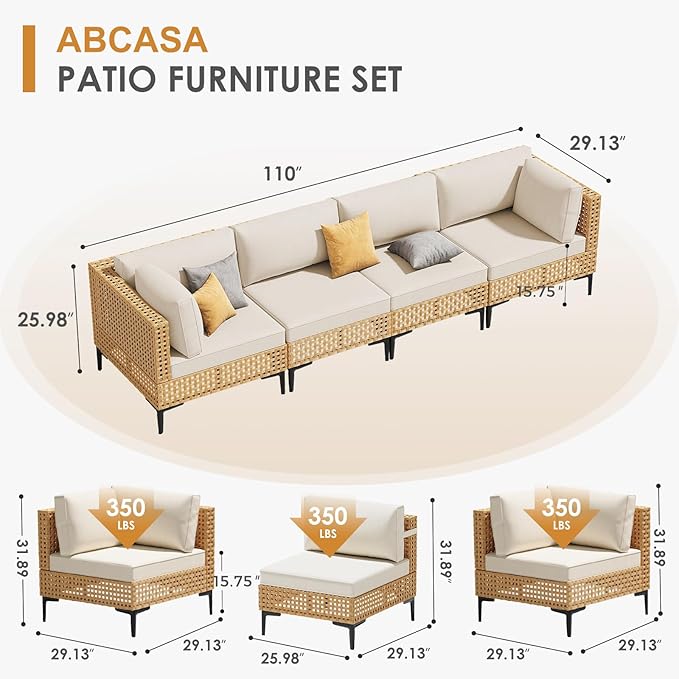 ABCASA Patio Furniture Set, 4-Piece Wicker Outdoor Patio Furniture Sets with Anti-Slip Cushions,Boho Patio Conversation Set Sectional Sofa for Backyard,Porch,Beige