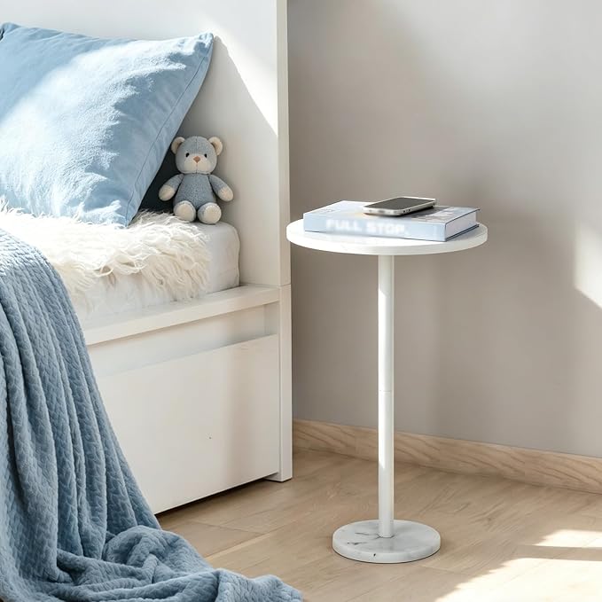 Small Drink Table Round White Side Table with Weighted Marble Base, Indoor Outdoor Pedestal Side Table for Small Spaces, Living Room, Bedroom, Sofa Couch, Office