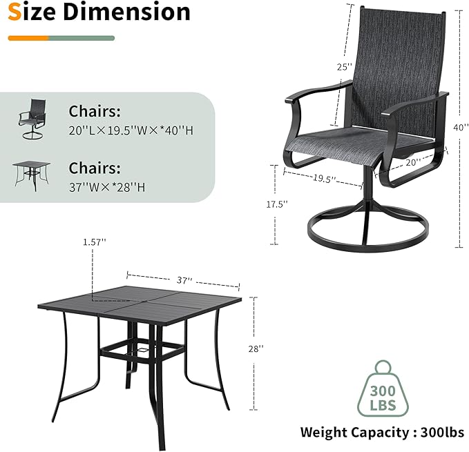 UDPATIO 5 Piece Outdoor Patio Table and Chairs Set with 37" Square Table & 4 Outdoor Swivel Rocker Chairs, Patio Table with Chairs, Patio Dining Set Outdoor Dining Sets for Lawn, Deck, Yard, Deck