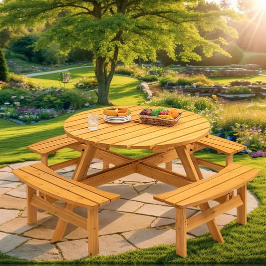 anwickjeff 8-Person Picnic Table and Chairs Set, Outdoor Round Wooden Patio Tables with DIY w/4 Built-in Benches & Umbrella Hole, 2220lbLBS Total Capacity for Patios, Backyard (Natural, 8 Person)