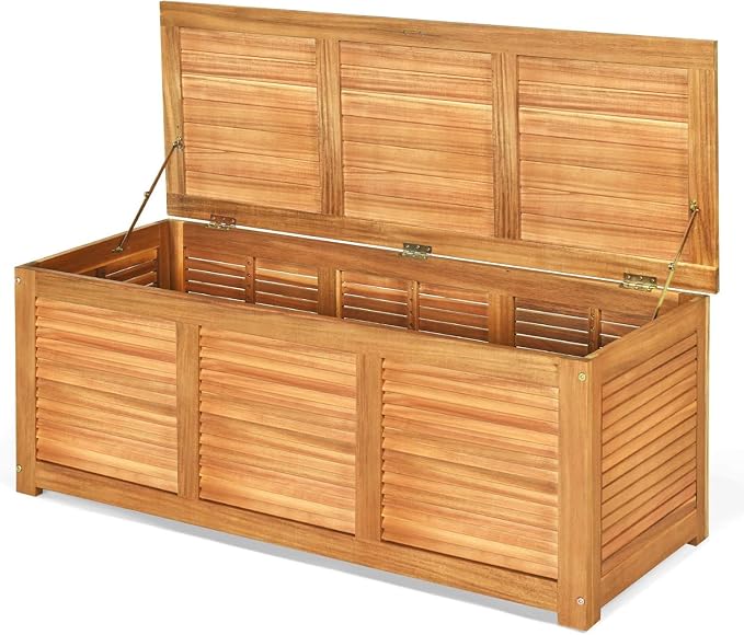 HOMGX Acacia Wood Outdoor Storage Box, 46 Gallon Deck Box Patio Bench for Toys Storage, Gardening Tools, Porch, Backyard