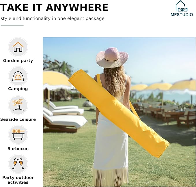 MFSTUDIO 7ft Beach Umbrella with Fringe, Tassel Umbrellas UPF50+ with Tilt Button & Crank, Holiday Outdoor Umbrella with Carry Bag, Ideal for Garden Lawn Poolside, Gold Yellow