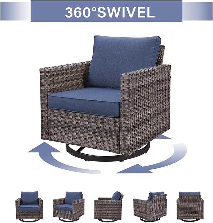 Outdoor Patio Swivel Rocker Chairs - 3 Piece Wicker Patio Furniture Bistro Swivel Rocking Chairs Set with Comfortable Cushions,Sturdy Metal Frame and Side Table for Porch Deck(Mixed Grey/Blue)