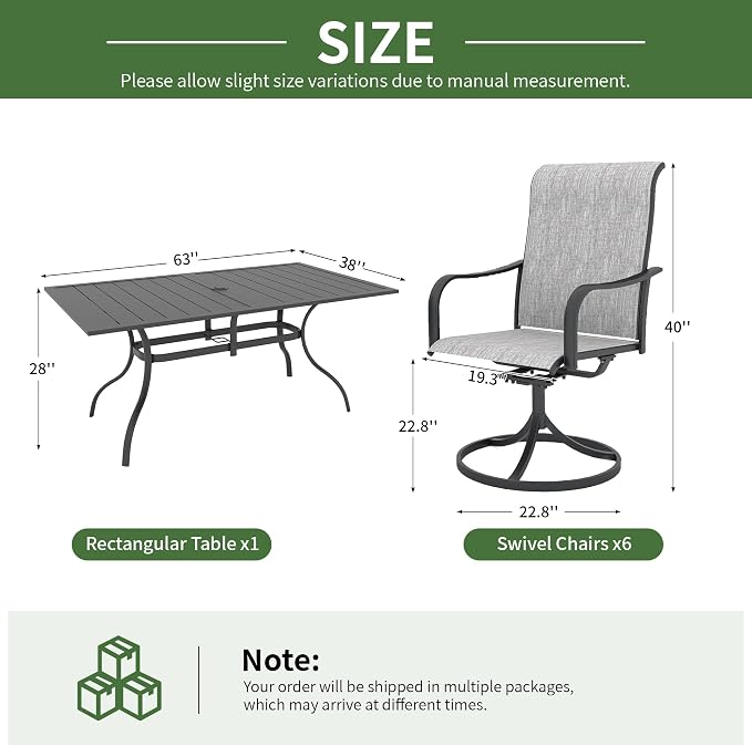 Anmutig 7-Piece Outdoor Dining Set, 63"x38" Patio Table with Dual Umbrella Holes & 6 Swivel Textilene Chairs, Weather-Resistant Furniture for Backyard, Deck, Garden, Grey