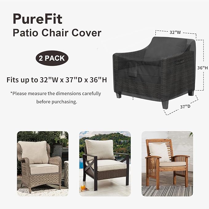 PureFit Outdoor Chair Covers Waterproof 2 Pack Patio Furniture Lawn Chair Covers for Outdoor Furniture with Air Vent and Padded Handles, Fits up to 32W x 37D x 36H Inches, Black