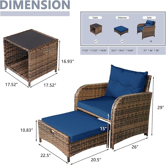 5 Piece Outdoor Patio Chair with Ottomans and Table PE Wicker Rattan Patio Conversation Furniture Set Space Saving Design Wicker Outdoor Chairs Set for Front Porch (Blue Cushion Brown Rattan)