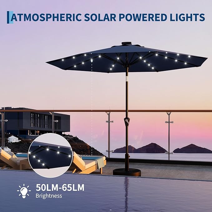 Garvee 9FT Solar Patio Umbrella with 32 LED Lights - Outdoor Table Umbrella with Crank Lift, Push Button Tilt and 8 Sturdy Ribs - Market Umbrella UV Protection for Pool, Deck, Yard, Garden -Navy Blue