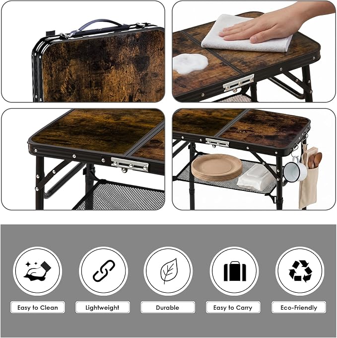 Folding Picnic Table 2ft Portable Camping Table Adjustable Heights Metal Aluminum Lightweight Foldable Small Card Table with Carry Handle for Indoor Outdoor Camp RV BBQ Beach
