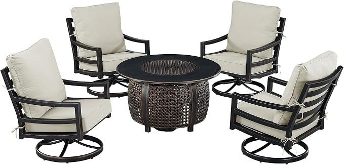 Oakland Living Black Aluminum Patio Fire Table Set with Four Club Chairs with Light Grey Cushions