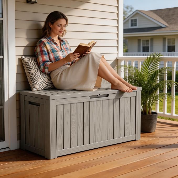 Mars Villa 80 Gallon Deck Box, Waterproof Resin Storage Bin with Lockable Lid, Weatherproof and UV Resistant, for Outdoor Patio Furniture Cushions, Pool Supplies, Garden Tools, Grey