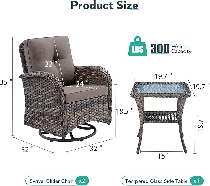 Outdoor Swivel Glider Rocker Chairs - 3 Piece Patio Furniture Set, Patio Bistro Sets with Tempered Glass Side Table, for Balcony, Porch - Brown Wicker, Grey Cushion