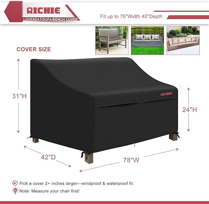 RICHIE Waterproof Patio Sofa Cover 3-Seater - Outdoor Furniture Covers for Loveseat/Couch with Air Vents & Handles, 78"W x42"Dx31"H, Black