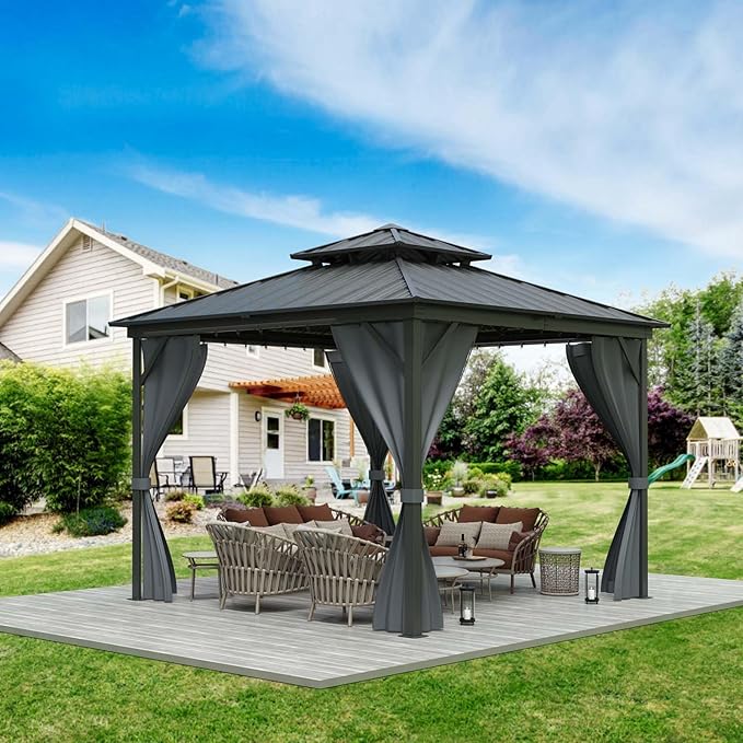 12x12FT Hardtop Gazebo, Galvanized Steel Metal Double Roof Aluminum Gazebo with Curtain and Netting, Brown Permanent Pavilion Gazebo for Patio, Lawn & Garden