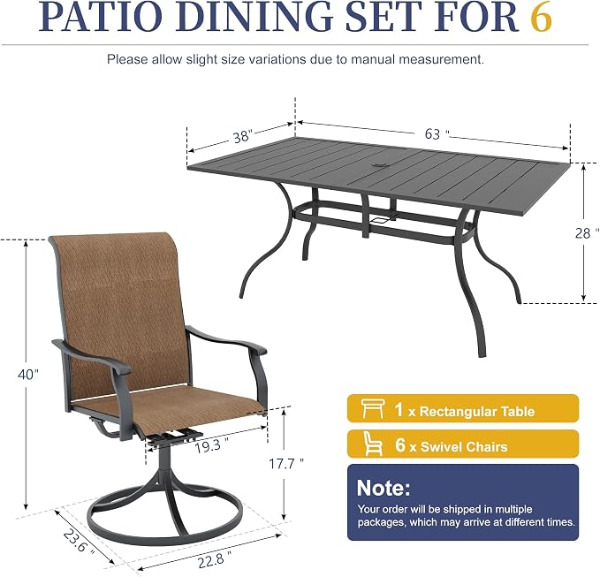 Anmutig 7 Piece Patio Dining Set, Outdoor Dining Set All-Weather for Backyard Poolside Garden Deck, Modern Outdoor Table and Chairs Set with 6 Textilene Swivel Chairs Brown