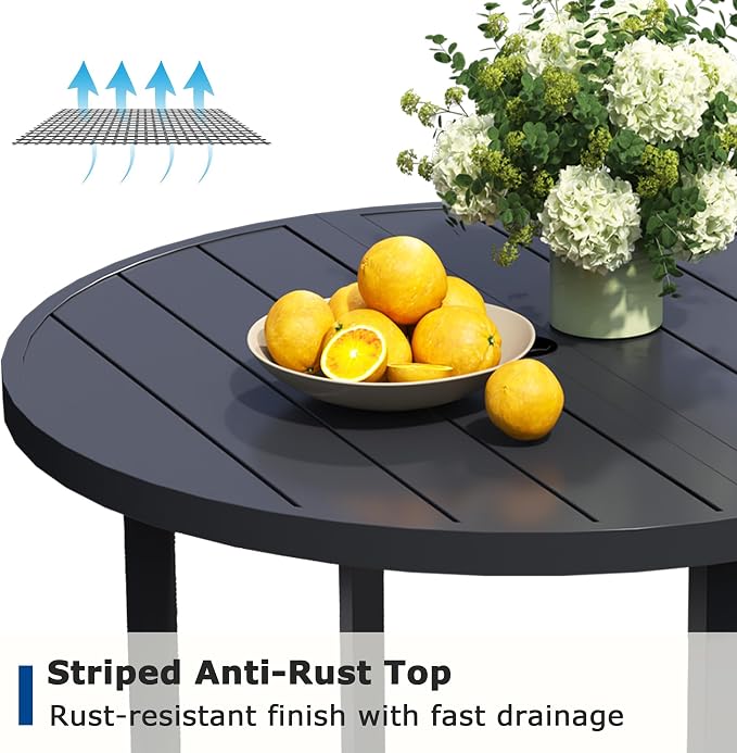 60" Round Patio Table with Umbrella Hole, Metal Outdoor Dining Table for Garden, Backyard and Deck, 8 Person Round Patio Dining Table for Outside, Black