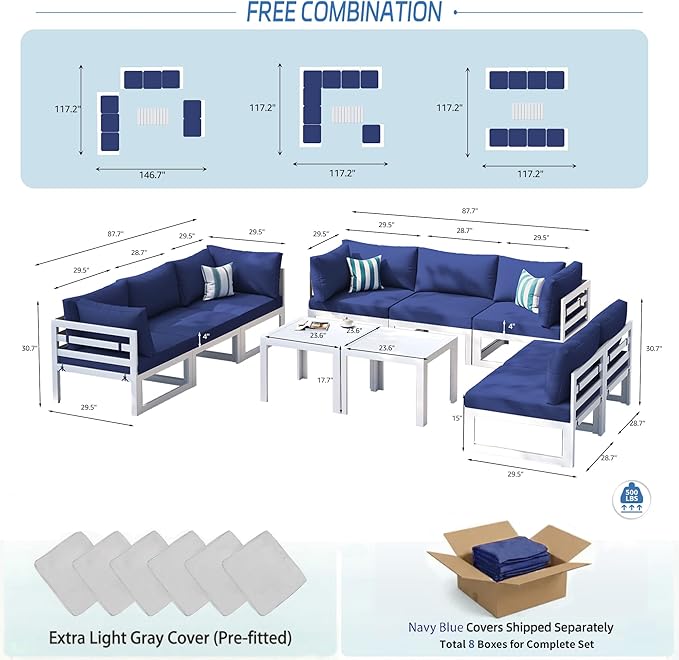 NICESOUL 8 Seat Large Modern Aluminum Outdoor Sofa, 29" Deep Wide Seated, 500 lbs Durable L Shaped Sectional Set for Heavy People, UV Resistant Modular Patio Furniture Set for Backyard Lawn, Navy Blue