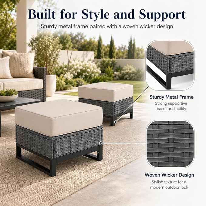 Outdoor Ottomans Set of 2, PE Wicker Patio Footstools with Removable Cushions, All-Weather Rattan Outdoor Ottoman Set for Patio, Backyard, Garden, Porch, Beige