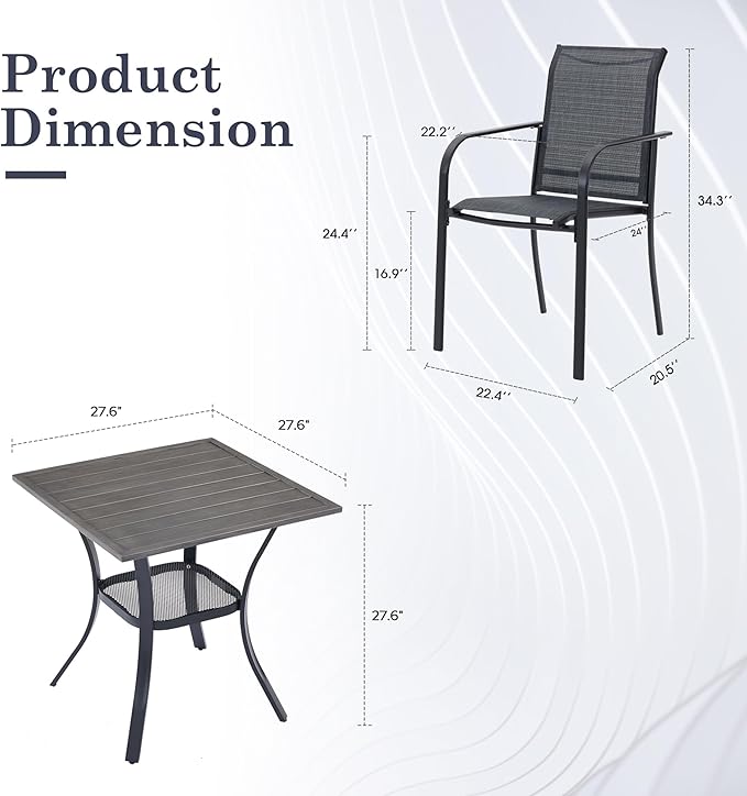 3 Pieces Outdoor Dining Set, Stackable Textilene Paito Chairs & 27.5" Square Dining Table with Shelf, Patio Dining Set for Backyard, Deck, Garden, Grey