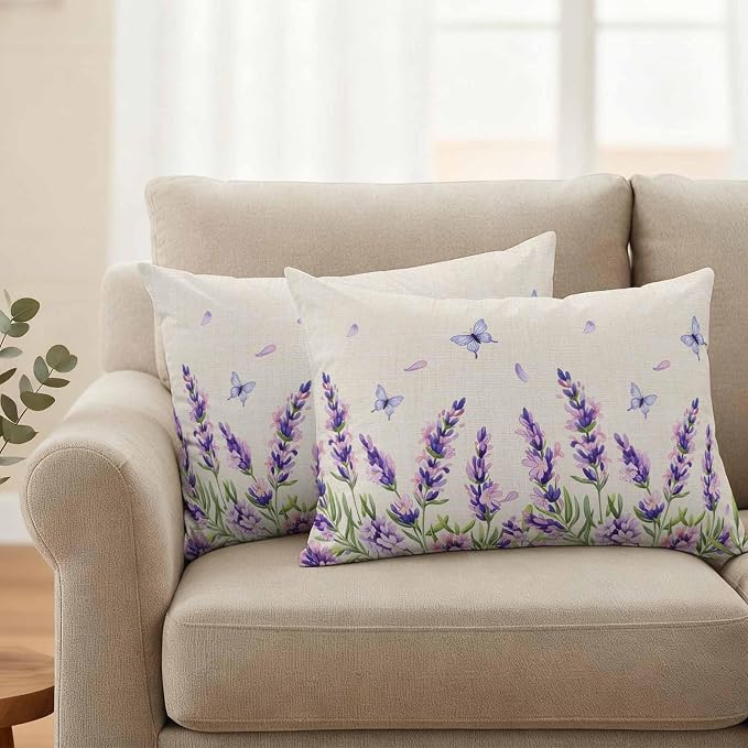 Botanical Lavender Floral Outdoor Waterproof Pillow Covers, Purple Flowers Butterfly Beige Decorative Rectangle Throw Pillowcase Sofa Cushion Sham for Patio/Couch/Chair, 20"x12" 2 Pack