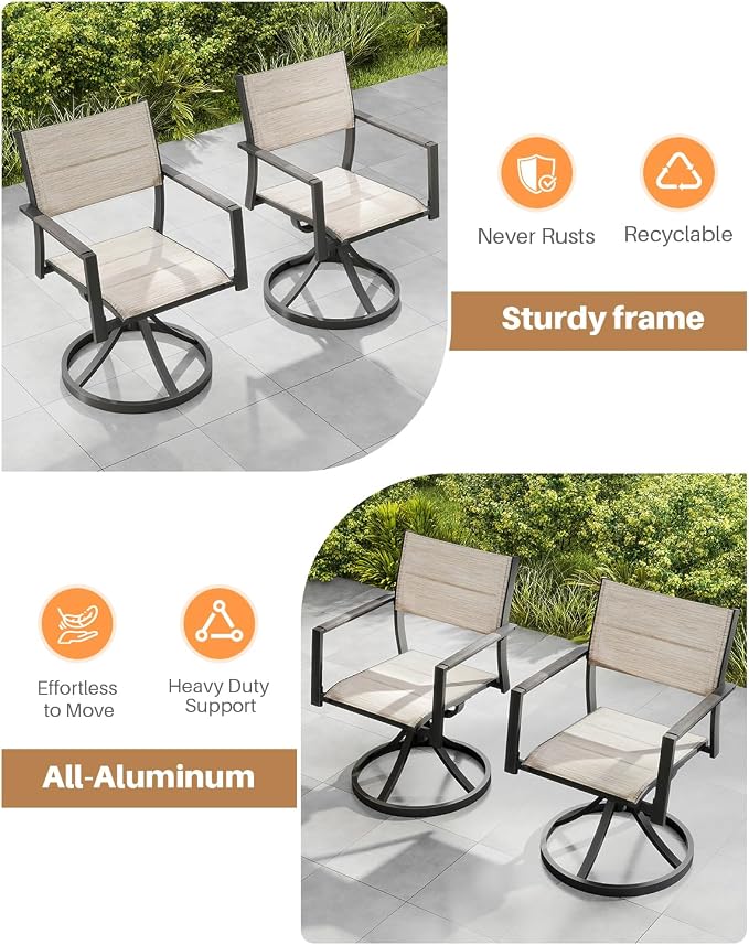 Patio Swivel Dining Chairs Set of 2, Never-Rust Aluminum Outdoor Dining Chairs, Outdoor Swivel Chairs Set with Upgraded 3D Double-Layer Textilene, Swivel Patio Dining Set for Deck, Limed Oak