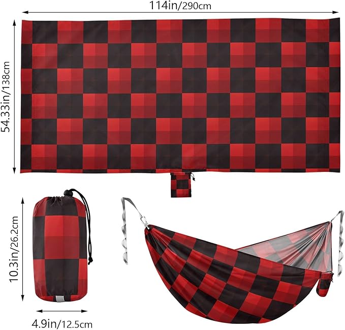 Camping Hammock Outdoor Hammocks for Outside Red Black Check Beach Trees Portable Lightweight with Pockets Tree Straps Indoor Small