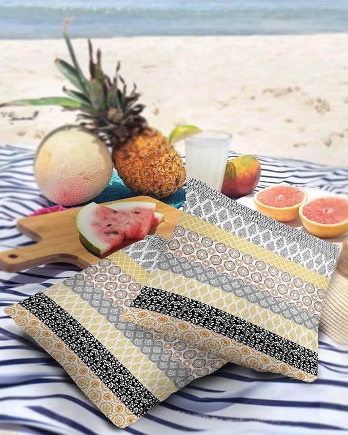 Outdoor Waterproof Throw Pillow Covers Set of 2 Yellow Boho Stripe Tribal Vingtage Lumbar Pillowcases 18x18 Inches Bohemian Style Decorative Pillows Cushion Case Patio Pillows for Couch Bed Garden