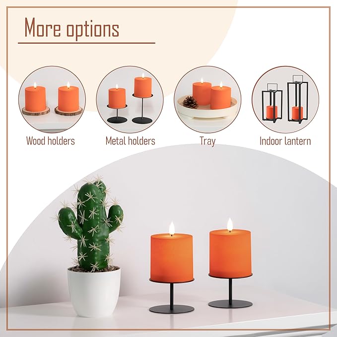 smtyle 4"X4" Orange Plastic Battery Operated Flickering Frosted Flameless LED Pillar Candles with Remote Set of 2 for Decor Home Ambience