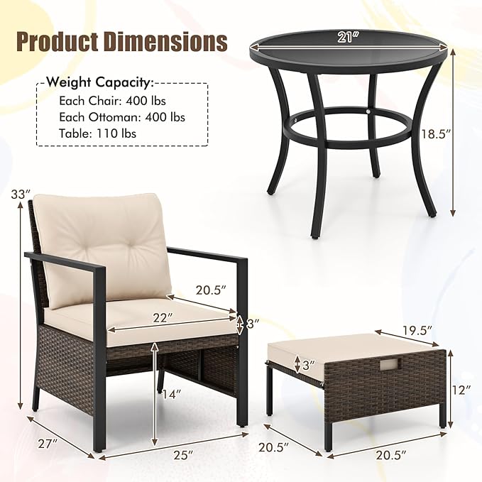 Tangkula 5 Piece Outdoor Furniture Set, Rattan Chairs & Ottomans w/Round Glass Topped Coffee Table, Space Saving Cushioned Patio Conversation Set for Backyard, Poolside (Off White)