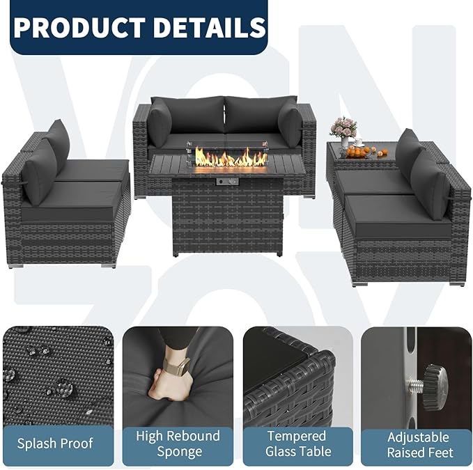 Patio Furniture Set with 43" Fire Pit Table, 8pcs Outdoor Sectional Sofa Set Heavy Duty Wicker Furniture Set with 2 Waterproof Covers