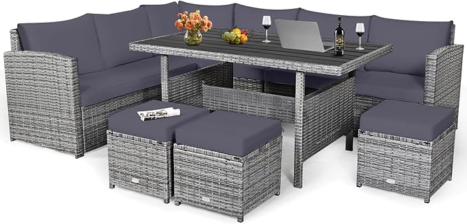 HAPPYGRILL 7 Pieces Rattan Wicker Patio Conversation Set, Outdoor Patio Furniture Set with Cushions, Rattan Sofa Set with Dining Table & Ottomans for Poolside Backyard Balcony Garden (Grey)