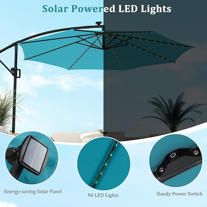 HAPPYGRILL 10 FT Offset Hanging Umbrella with Multi-Colored Flowing LED Lights, 9 Light Modes, Outdoor Patio Cantilever Umbrella with Base, Easy Tilt, 360° Rotation, Crank