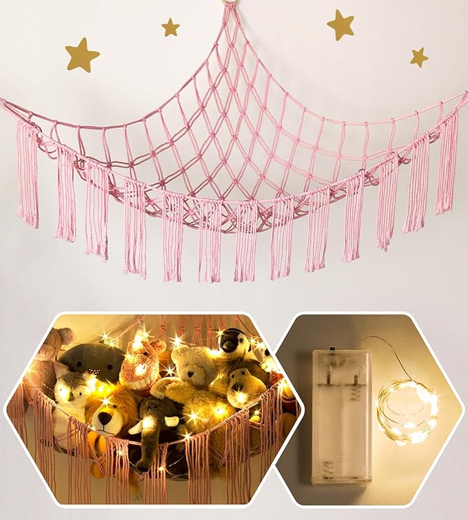 Stuffed Animal Hammock Corner Net with LED Light - Toy Storage Holder - Pink Cute Room Bedroom Decor for Teen Girls - Cute Bedroom Aesthetic Stuff for Baby Nursery Toddler Kids 8 - 10 - 12 Years Old