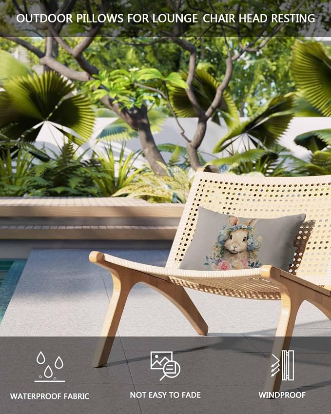 Chaise Lounge Head Resting Pillows,Easter Rabbit Watercolor Flower Floral Grey Outdoor Chaise Pillows,Waterproof Patio Furniture Pillows with Insert and Adjustable Elastic Strap for Beach Chair