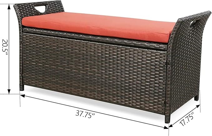 Generic Patio Wicker Storage Bench Outdoor Rattan Deck Storage Box with Red Cushion CI284