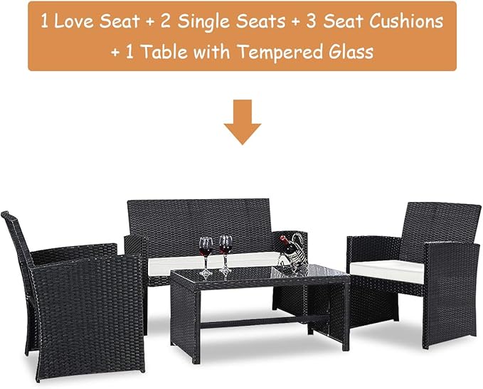 Tangkula 4PCS Patio Furniture Set with Coffee Table, Chairs, Cushions & Loveseat for Garden Balcony Backyard Chat Set Durable Handwoven Rattan Wicker Outdoor Patio Conversation Set, Black